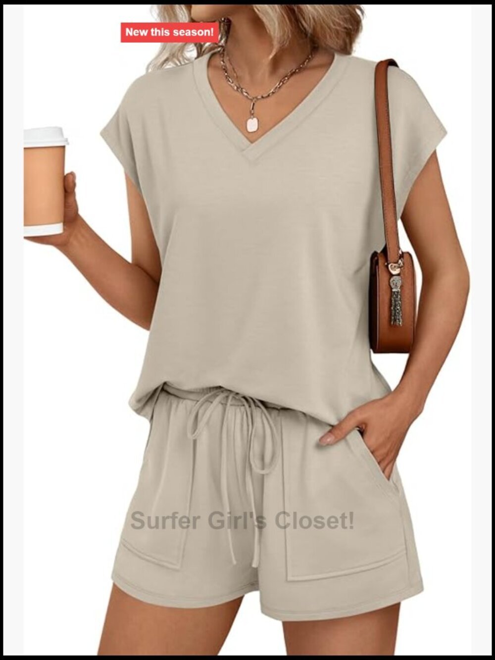 Women 2 Piece Matching Lounge Set V Neck Cap Sleeve Top and Shorts